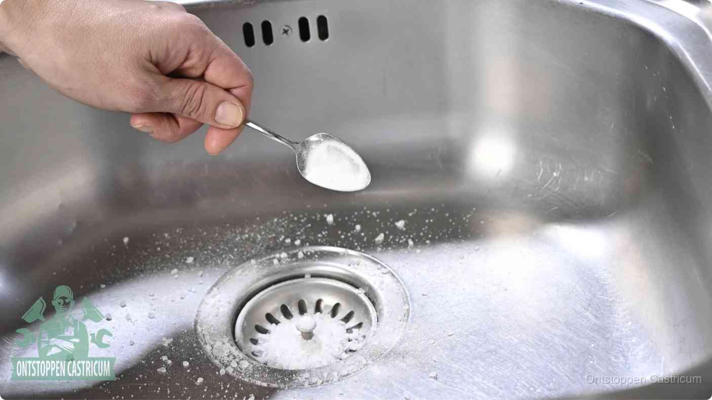 Een hand strooit met een lepel soda in de afvoer van een roestvrijstalen spoelbak, de soda en azijn huismiddel-methode om de afvoer te ontstoppen in Castricum
