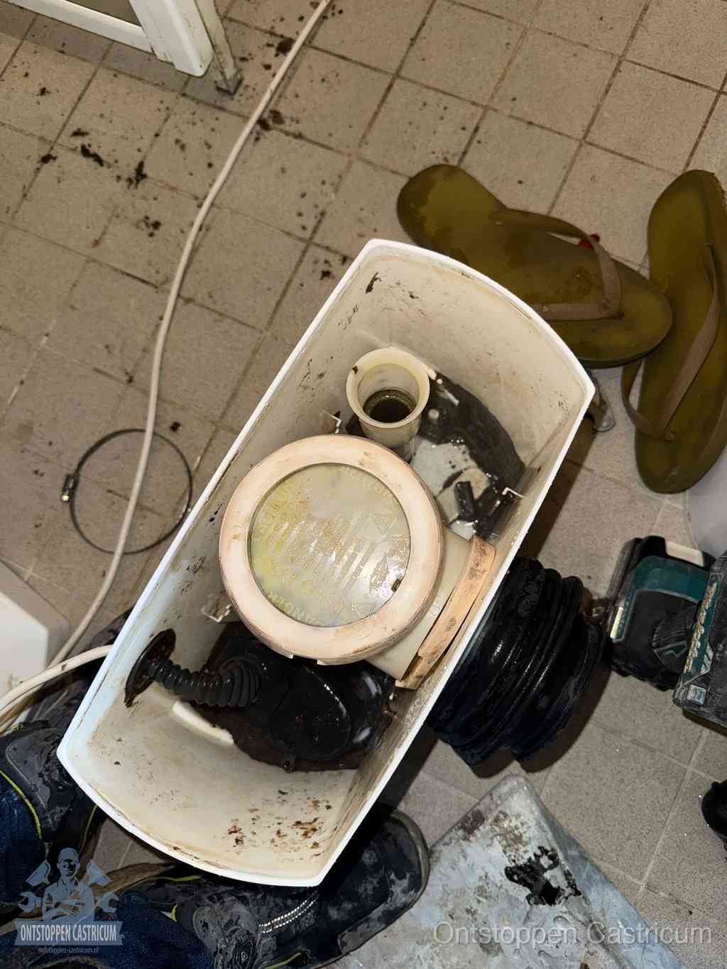 Een gedemonteerde toiletpot op de vloer met ontstoppingsveer en gereedschap ernaast, het verwijderen van een vastzittend voorwerp uit de wc in Castricum