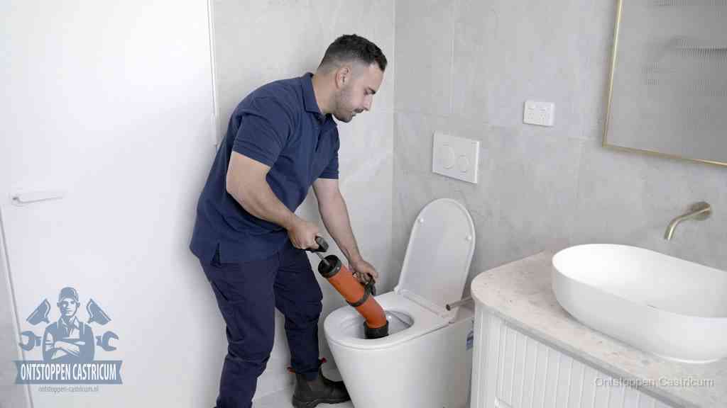 Een monteur gebruikt een handmatige perspomp (toiletontstopper) op een wandcloset tijdens het professioneel wc ontstoppen in Castricum