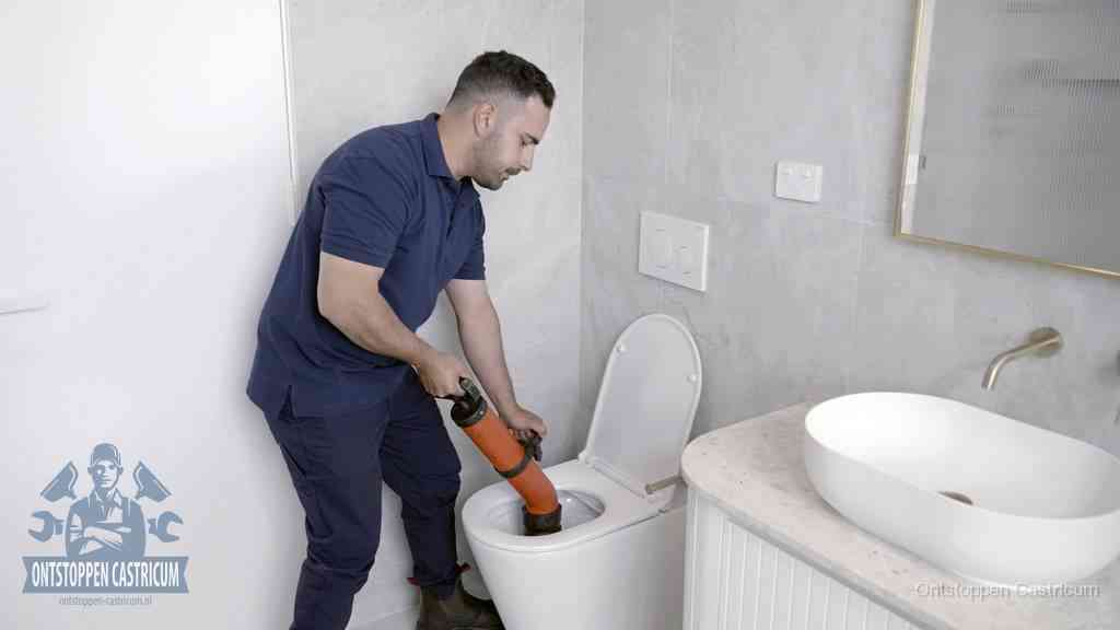 Een man gebruikt een handmatige luchtdruk-ontstopper in een modern betegeld toilet om zelf de wc te ontstoppen in Castricum